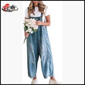 Cotton Blend Loose Fit Denim Bib Overall Jeans Distressed Wide Leg